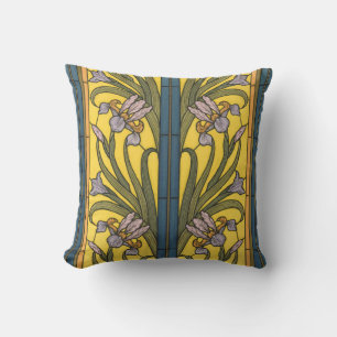 Iris Flower Art Nouveau Stained Glass Blue Gold Throw Pillow