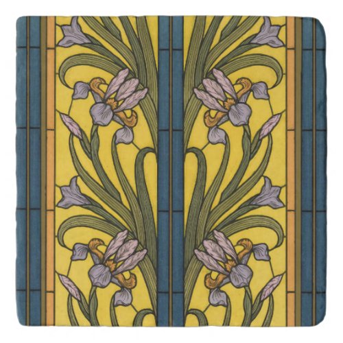 Iris Flower Art Nouveau Stained Glass Blue Gold Trivet