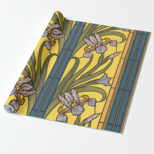 Iris Flower Art Nouveau Stained Glass Blue Gold Wrapping Paper