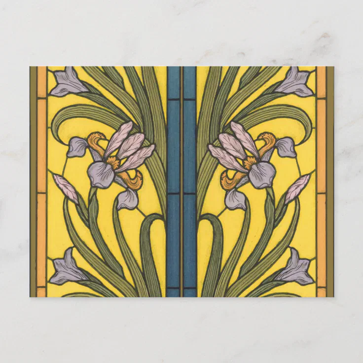 Iris Flower Art Nouveau Stained Glass Pattern Postcard Zazzle