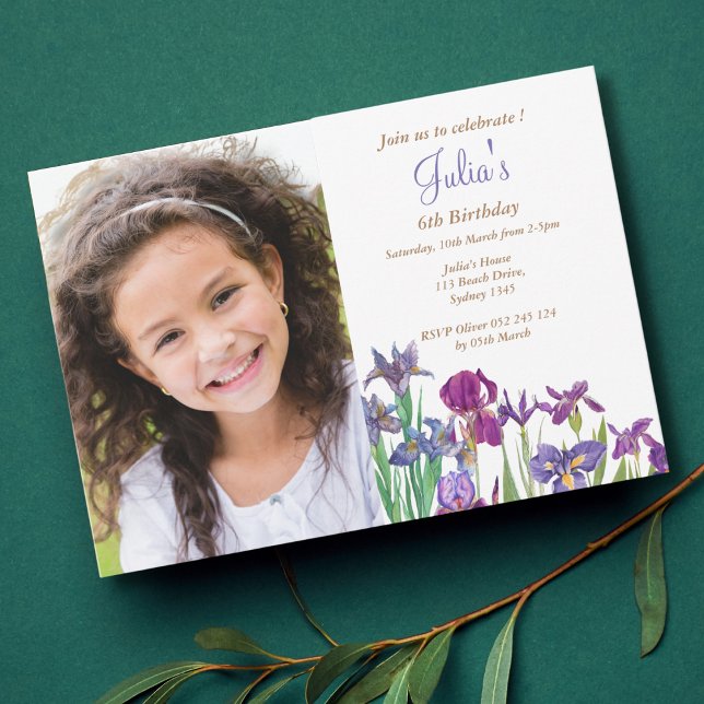 Iris flower girl birthday photo invitation (Creator Uploaded)