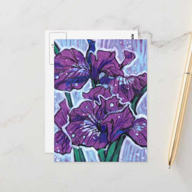Iris Flower Spring Flowers Floral Painting Purple Postcard (Front/Back In Situ)