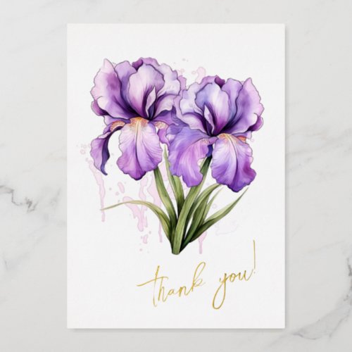 Iris Flower Thank you Editable Foil Holiday Card
