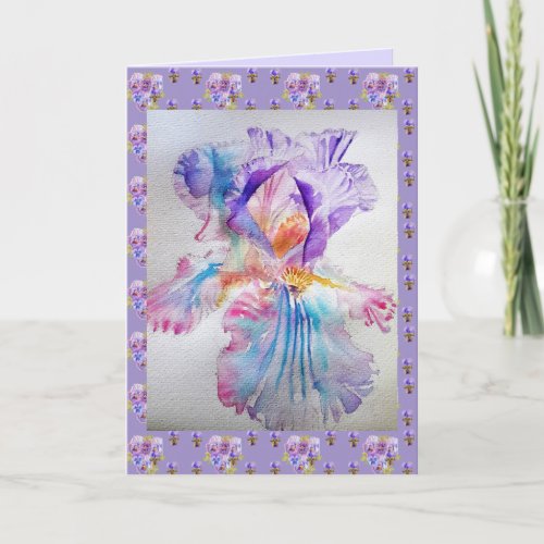 Iris flower Watercolor art floral Birthday Card
