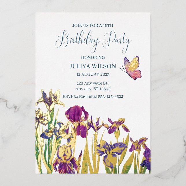 Iris flowers 16th Birthday Party  Foil Invitation (Front)