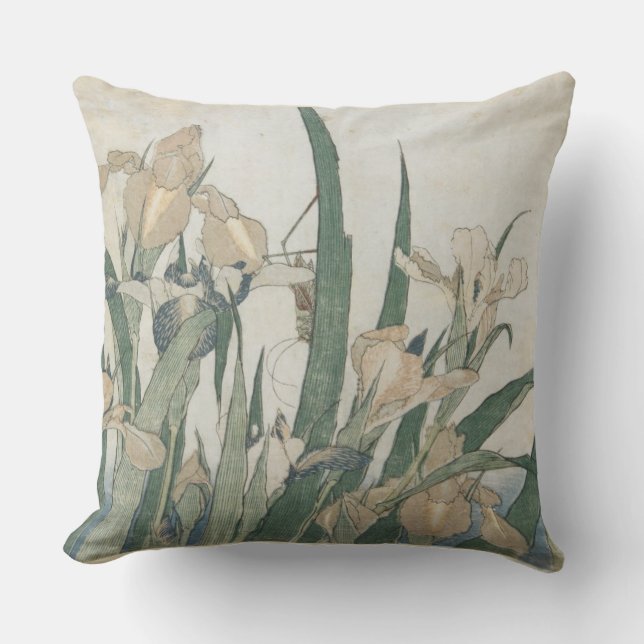 Iris Flowers and Grasshopper, c.1830-31 Throw Pillow (Front)