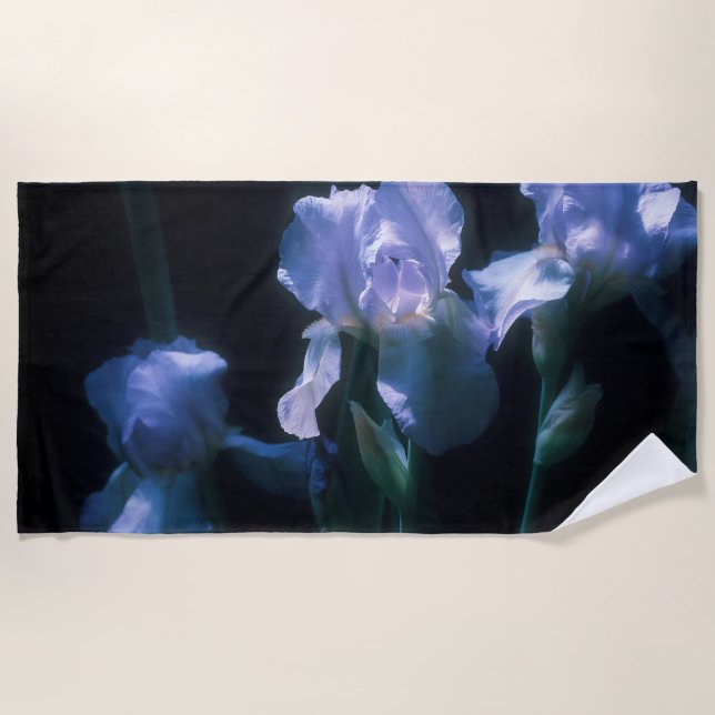Iris Flowers at Twilight Beach Towel (Front)