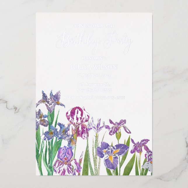 Iris flowers Birthday Party  Foil Invitation (Front)
