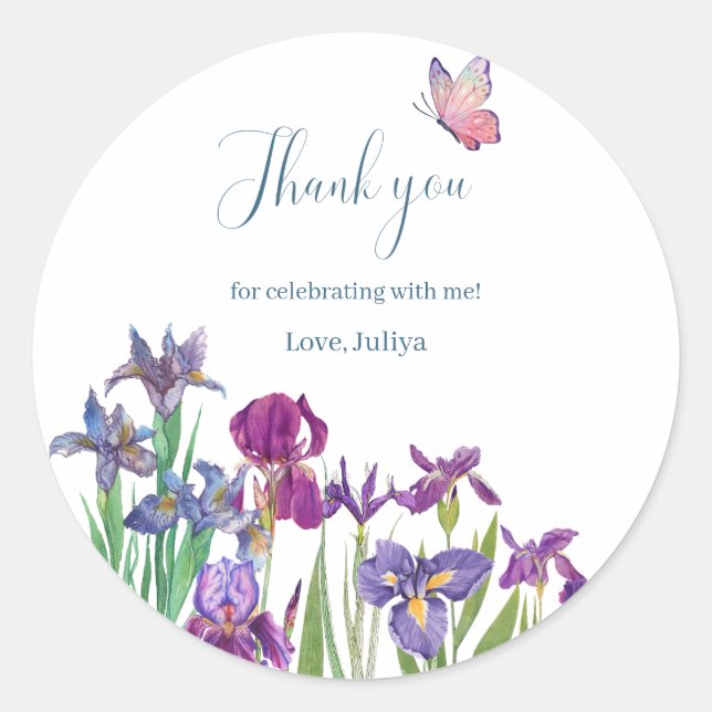 Iris flowers Birthday thank you Classic Round Sticker (Front)
