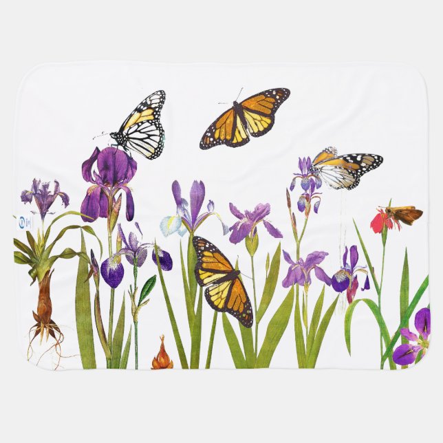 Iris Flowers Monarch Butterflies Baby Blanket (Back Horizontal)