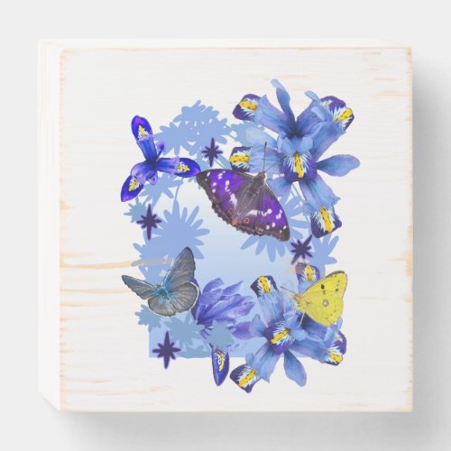 Iris Flowers with Butterflies Wooden Box Sign