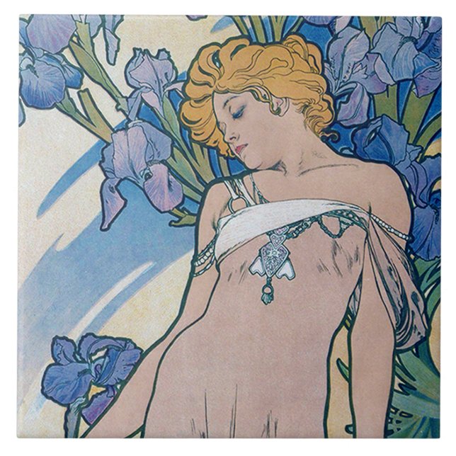 Iris (Four Flowers), Alphonse Mucha Ceramic Tile (Front)