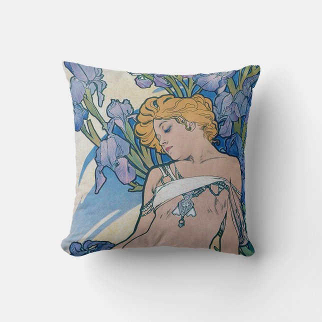 Iris (Four Flowers), Alphonse Mucha Throw Pillow (Front)