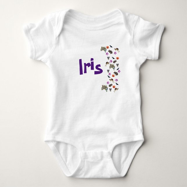 Iris, Girls Name With Australian Wildlife,  Baby Bodysuit (Front)