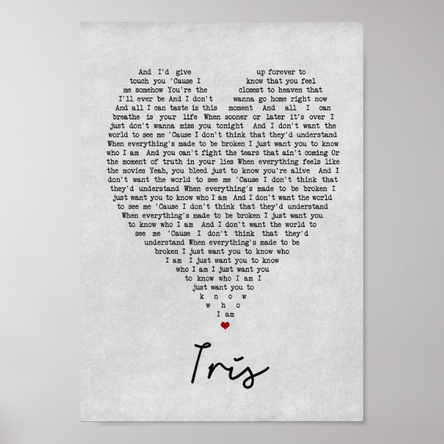 Iris Grey Heart Song Lyric Wall Art Print (Front)