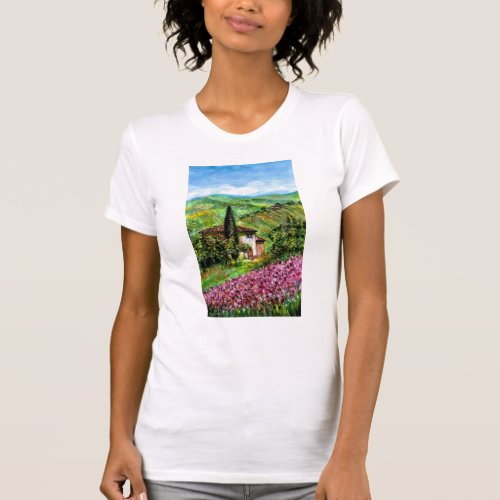 IRIS IN TUSCANY Green Purple Flower Fields T_Shirt