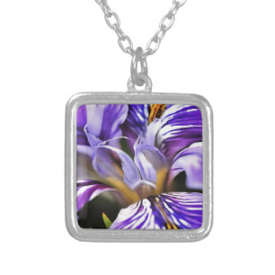 Iris In Violet Lilac and Purple Botanical Art Silver Plated Necklace