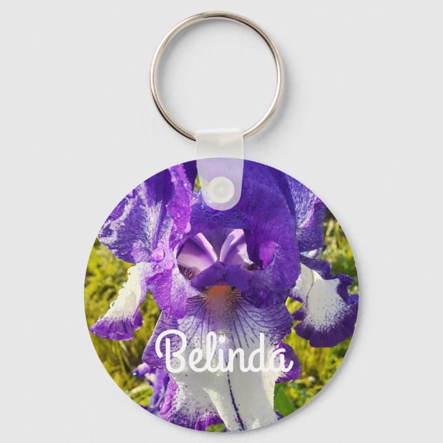 Iris Irises Blue White Flower Floral Womans Name Keychain (Front)