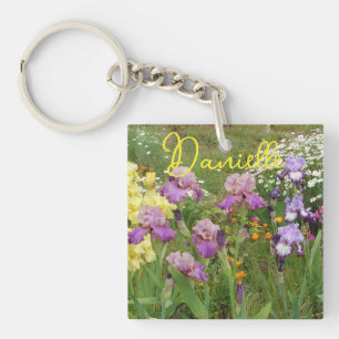 Iris irises floral Flowers Cottage Garden Birthday Keychain