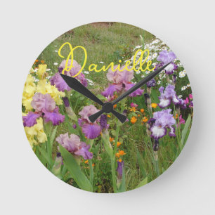 Iris irises floral Flowers Cottage Garden Birthday Round Clock