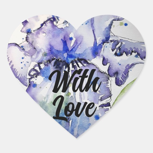 Iris Irises Flower Floral Blue Waterolor With Love Heart Sticker (Front)