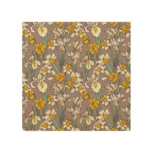 Iris Narcissus Flowers Vintage Seamless Wood Wall Art