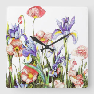 Iris & Poppy Flowers Watercolor Floral Square Wall Clock