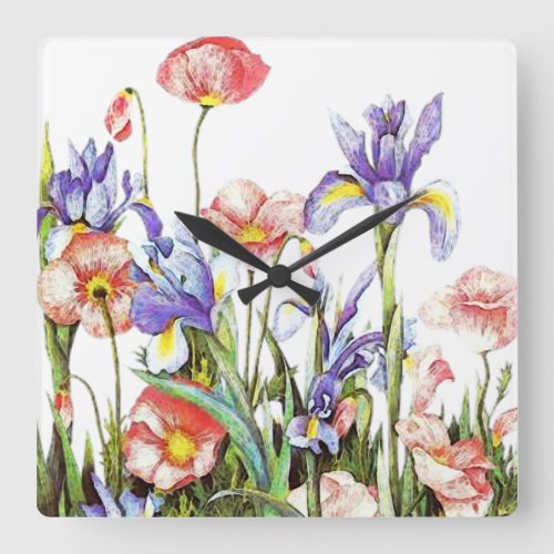 Iris  Poppy Flowers Watercolor Floral Square Wall Clock