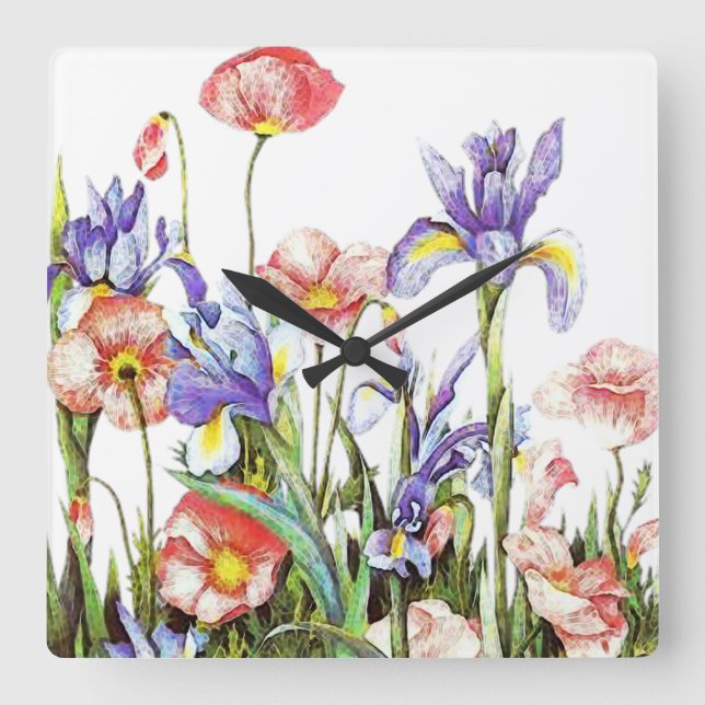 Iris & Poppy Flowers Watercolor Floral Square Wall Clock (Front)