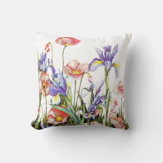 Iris & Poppy Flowers Watercolor Floral Throw Pillow (Front)