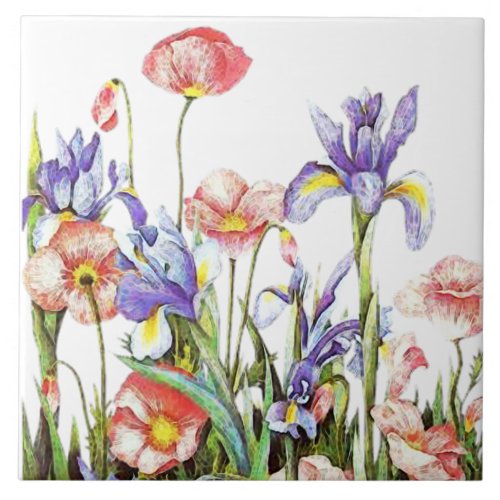 Iris  Poppy Flowers Watercolor Floral Tile