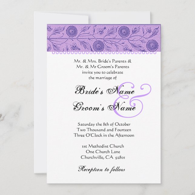 Iris Purple Flowers Wedding Damask Invitation (Front)