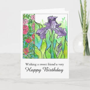 Iris Watercolor Flowers Happy Birthday Friend Card