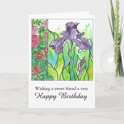 Iris Watercolor Flowers Happy Birthday Friend Card