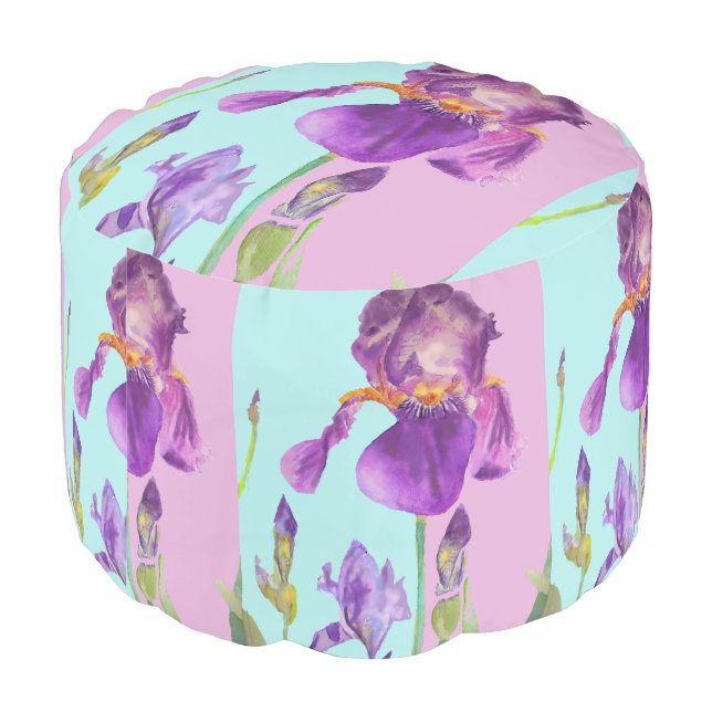Iris Watercolor Purple Art Floral Flowers Pouffe Pouf (Angled Back)