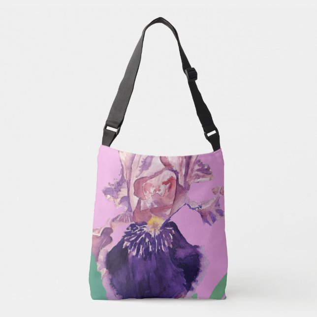Iris Watercolor Purple Floral Tote Crossbody Bag (Front)