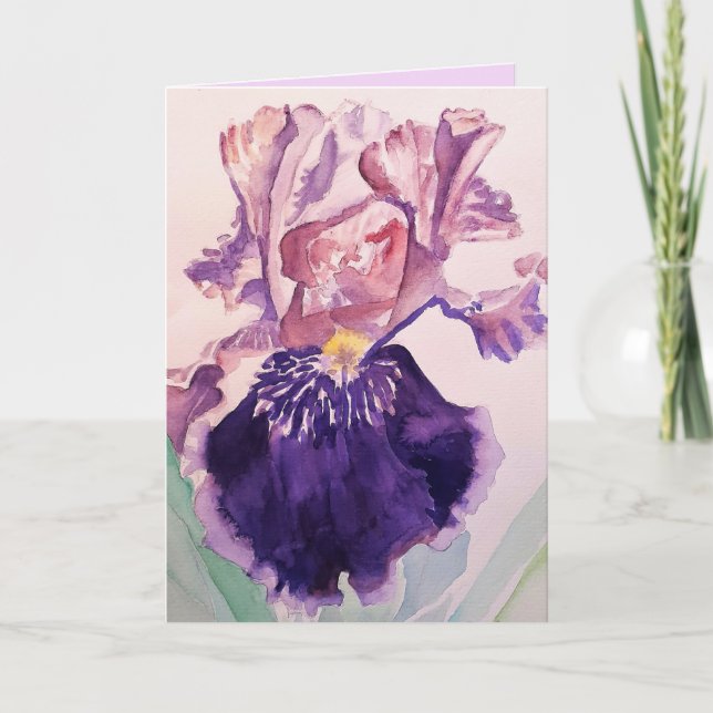 Iris Watercolour Purple Garden Flower Greetings Card (Front)