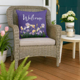 Irises Floral Purple Welcome  Outdoor Pillow