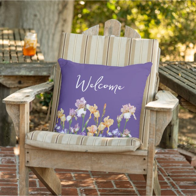 Irises Floral Purple Welcome  Outdoor Pillow (Chair)