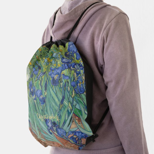 Irises Flowers Van Gogh Floral Art Monogrammed Drawstring Bag (Insitu)