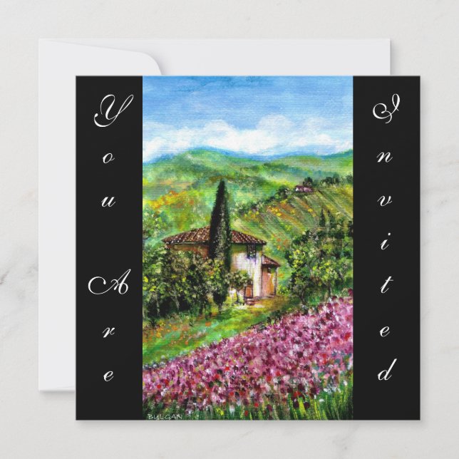 IRISES IN TUSCANY,Green Purple Flower Field,Black Invitation (Front)