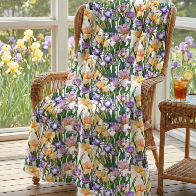 Irises in Yellow Purple on White Floral   Fleece Blanket (Sunroom serenity: iris garden view, floral blanket, wicker charm, iced tea, nature-inspired retreat.)
