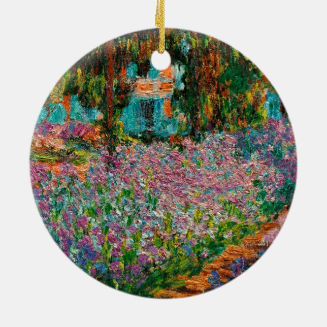 Irises Monet Garden Giverny flowers Ceramic Ornament (Back)