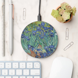 Irises Van Gogh Vintage Floral Art Flower Monogram Wireless Charger