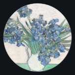 Irises | Vincent van Gogh Classic Round Sticker<br><div class="desc">Irises (1890) | Original artwork by Dutch post-impressionist artist Vincent Van Gogh (1853-1890). The painting depicts a still life with a full bouquet of blue flowers on a green tabletop against a creamy white background.

Use the design tools to add custom text or personalize the image.</div>