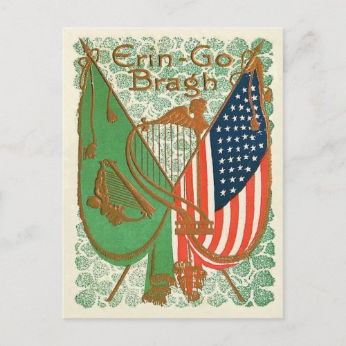 Irish American Flag Harp of Erin Shamrock Postcard