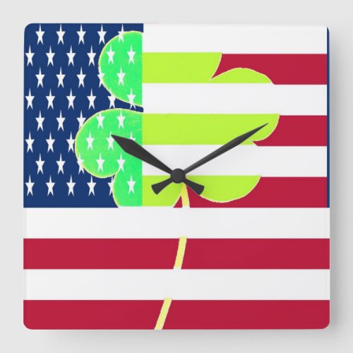 Irish American Flag Shamrock Clover St Patrick Square Wall Clock