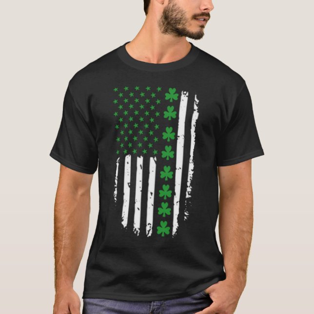 Irish American Green Clover & Stars Flag St Patric T-Shirt (Front)