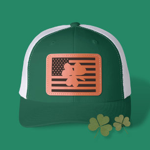 Irish American USA flag and Shamrock Leather Patch Hat