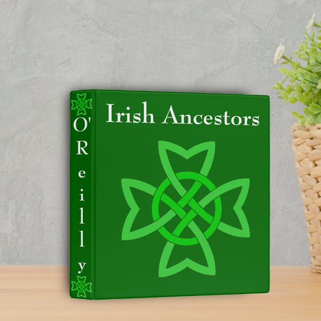 Irish Ancestors Green Celtic Knot Binder (Celtic Irish knot design in light green on dark green binder.)